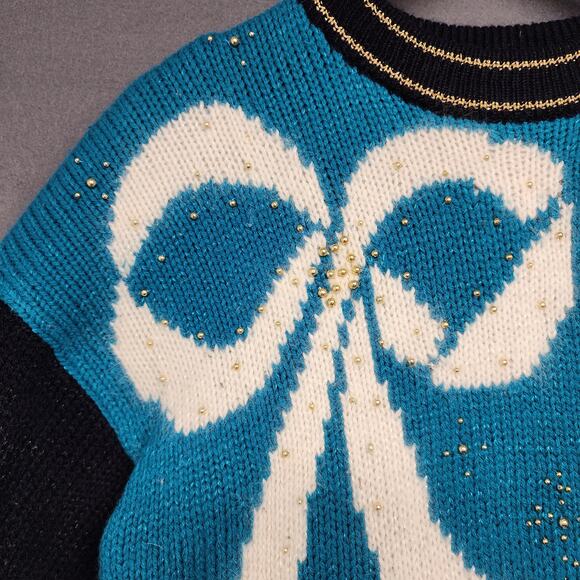 Vintage Womens Sweater Large Dana Scott Black Teal Holiday Embellished Tunic 90s - Picture 12 of 15